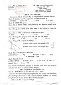 Đề thi HK1 môn Toán 4 tiểu học Tả Thanh Oai 2021-2022