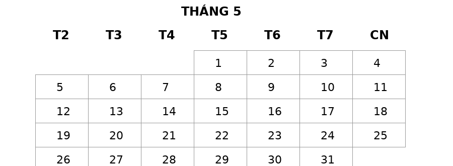 Trên lịch, ngày 1 tháng 5 ở cột: