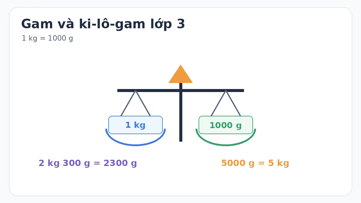 Cân minh họa 1 ki-lô-gam bằng 1000 gam và các ví dụ đổi khối lượng lớp 3 Cân minh họa 1 ki-lô-gam bằng 1000 gam và các ví dụ đổi khối lượng lớp 3