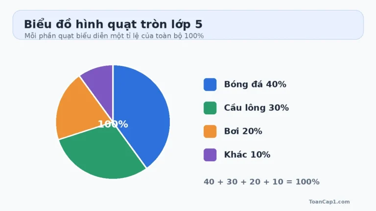 Ví dụ biểu đồ hình quạt tròn lớp 5 gồm các phần 40%, 30%, 20% và 10%