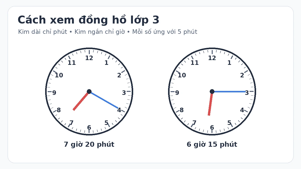 Hai đồng hồ minh họa 7 giờ 20 phút và 6 giờ 15 phút cho học sinh lớp 3 Hai đồng hồ minh họa 7 giờ 20 phút và 6 giờ 15 phút cho học sinh lớp 3
