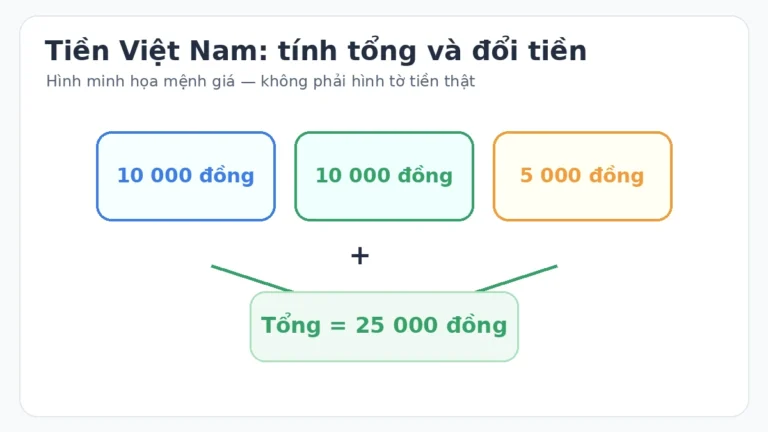 Minh họa tính tổng hai tờ 10 000 đồng và một tờ 5 000 đồng bằng 25 000 đồng
